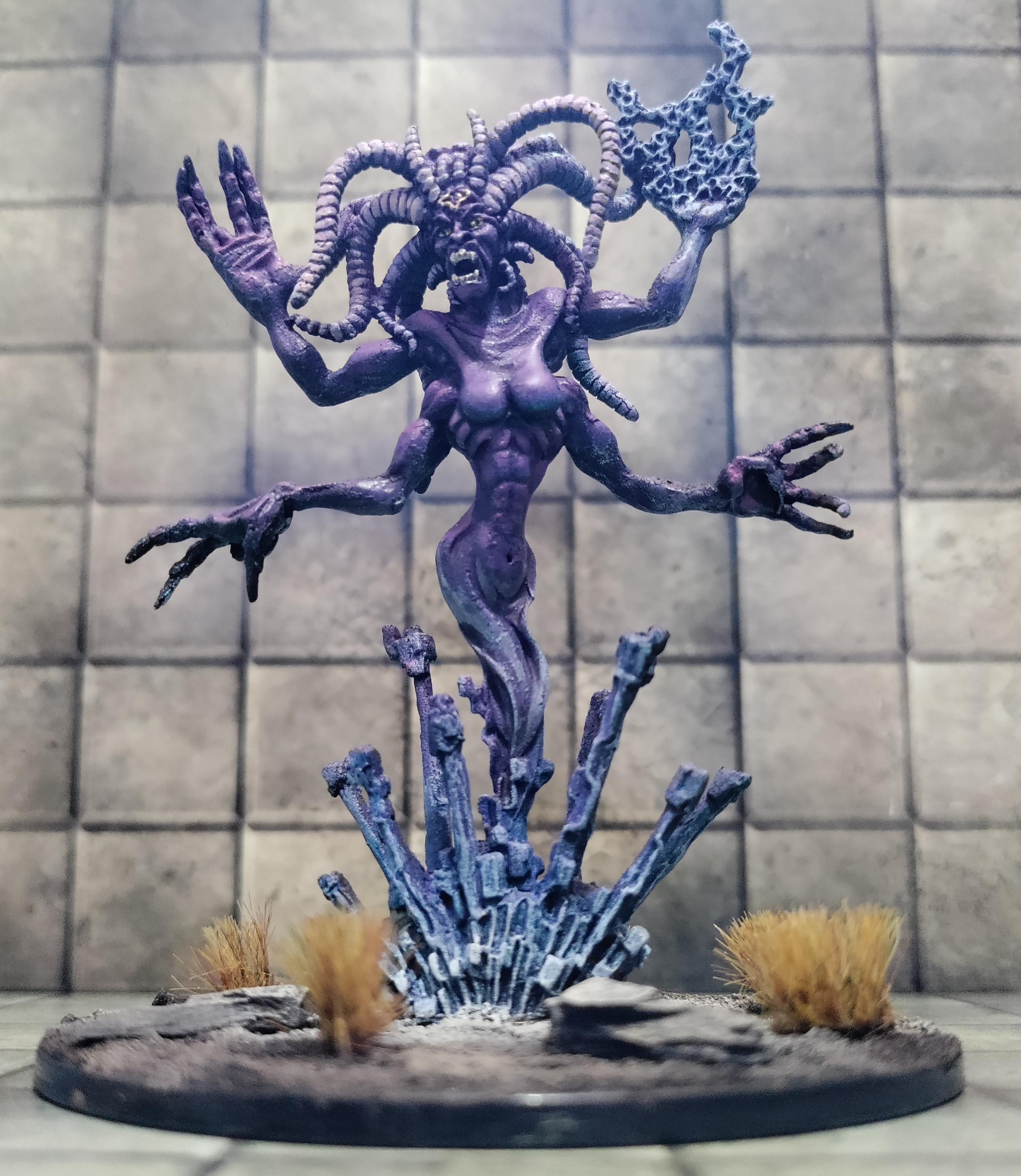 Four armed purple skinned tentacle haired woman bursting thru reality