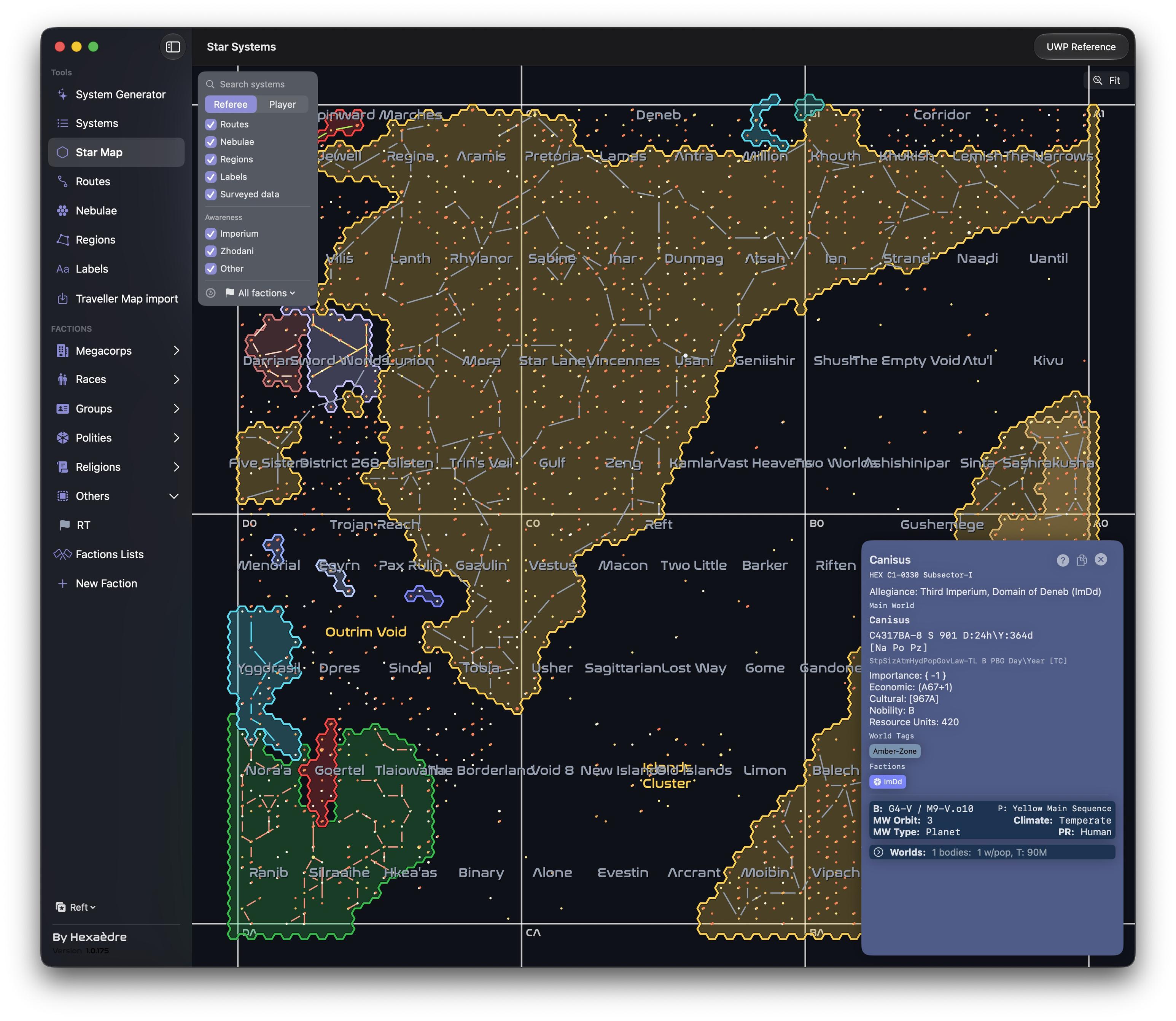 The star map portion of the Star Systems application showing the Reft sector and surroundings while the app is in dark mode.