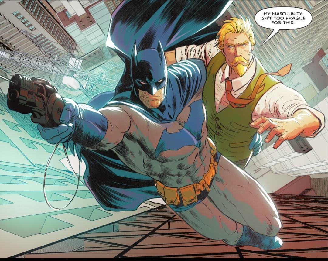 Batman carrying Oliver Queen (Green Arrow without costume) while swinging on his rope. Oliver says "my masculinity isn't too fragile for this"