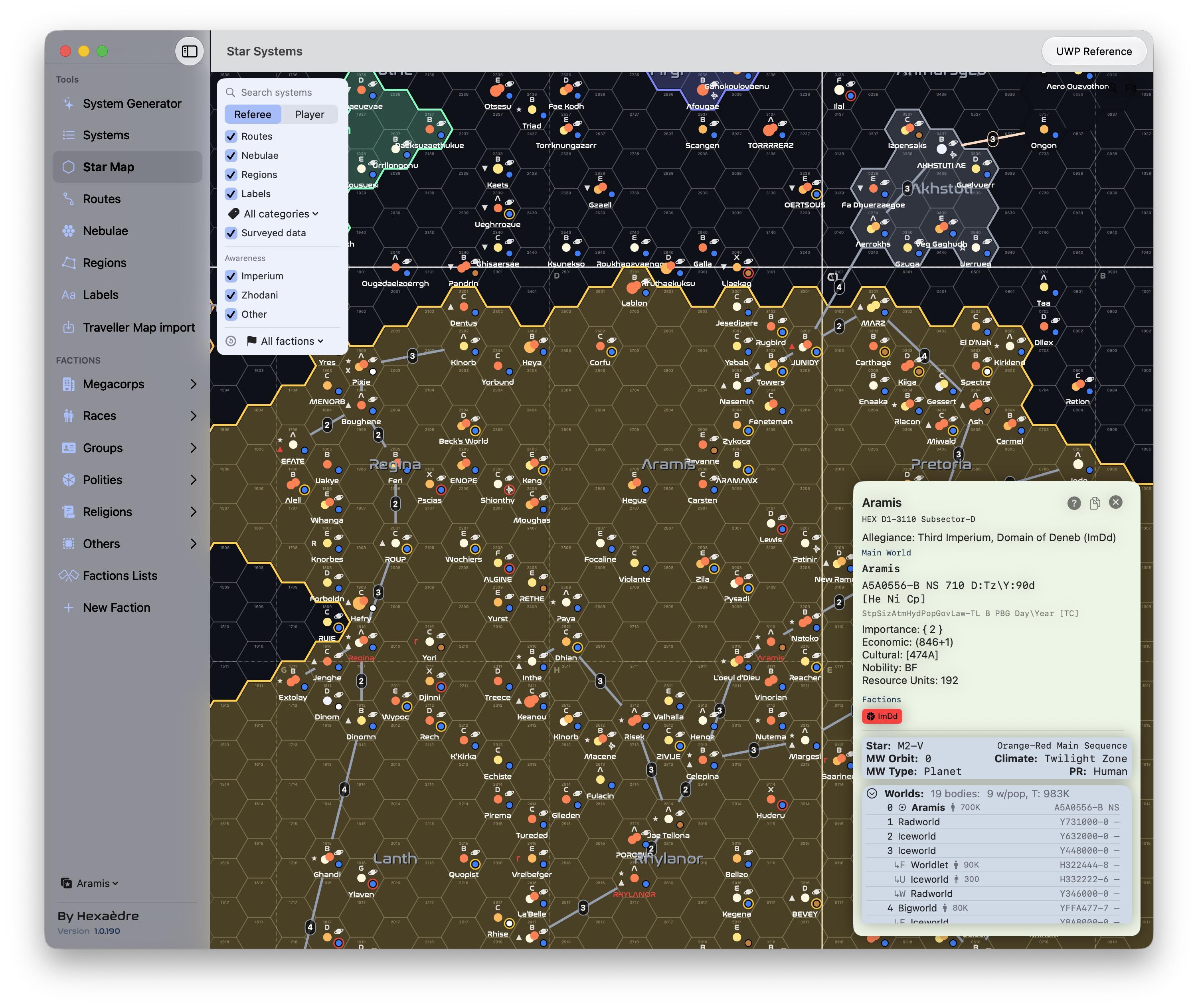 The Star Systems main window showing the Aramis subsector of the Spaniard Marches and surrounding subsectors. The Aramis system card is shown, with additional bodies generated by the app on import from the TravellerMap (which doesn’t provide those, only their number).
