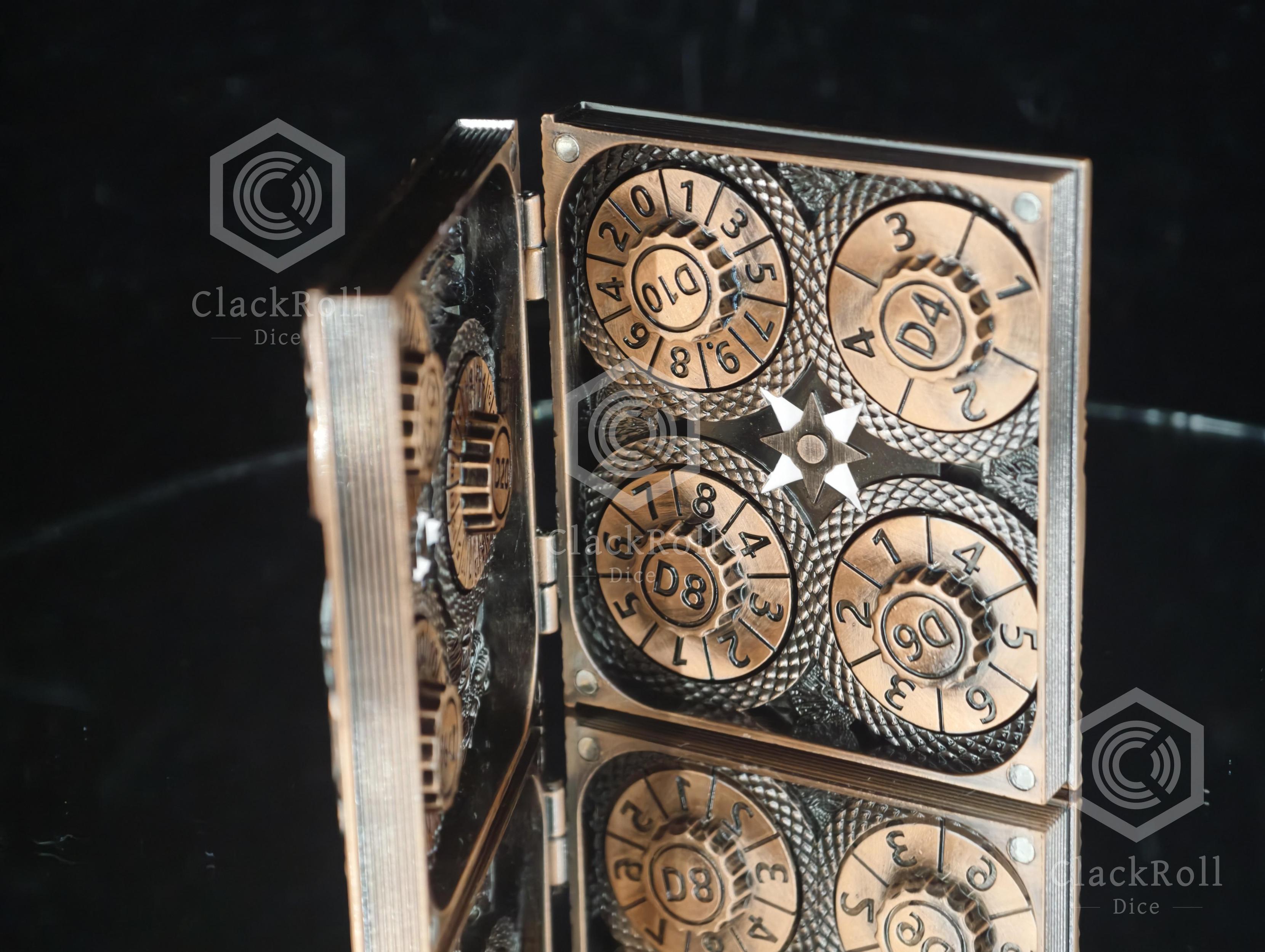 The interior of the ClackRoll Bronze Tome. Shows rotating metal gear dials with deeply engraved numbers on a textured scale pattern background with a central star.