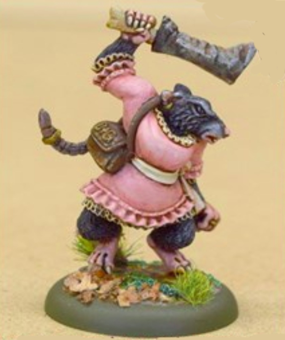 We have a 30mm model of an anthropomorphic black rat. She has grey fur and is facing right, brandishing a large cleaver above her head. She's wearing a pink petticoat with white frills and a white belt, with a leather handbag over her right shoulder. On her tail she wears a ring.