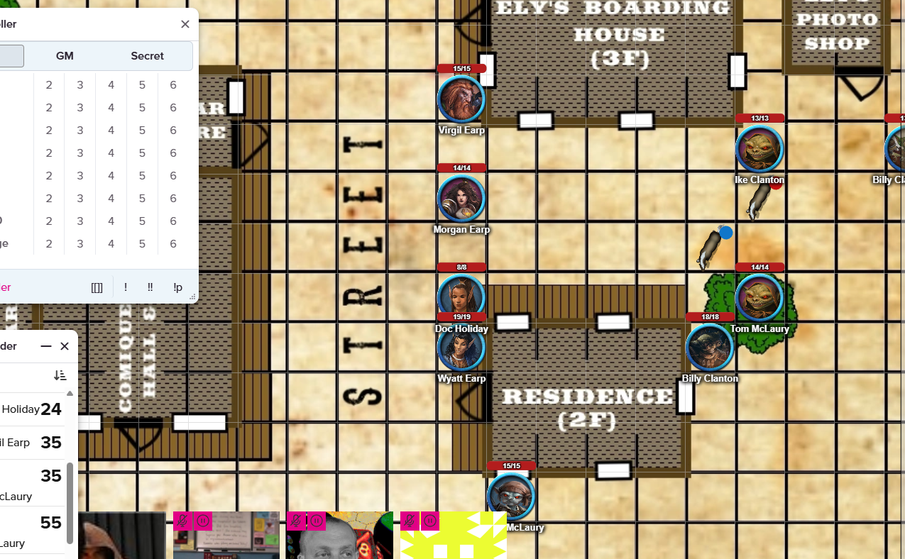 view of Boot Hill scenario mid-play on Roll20, scenario is The Gunfight at the O.K. Corral, but the lawmen are represented by elves and dwarves, while the cowboy side is represented by goblins