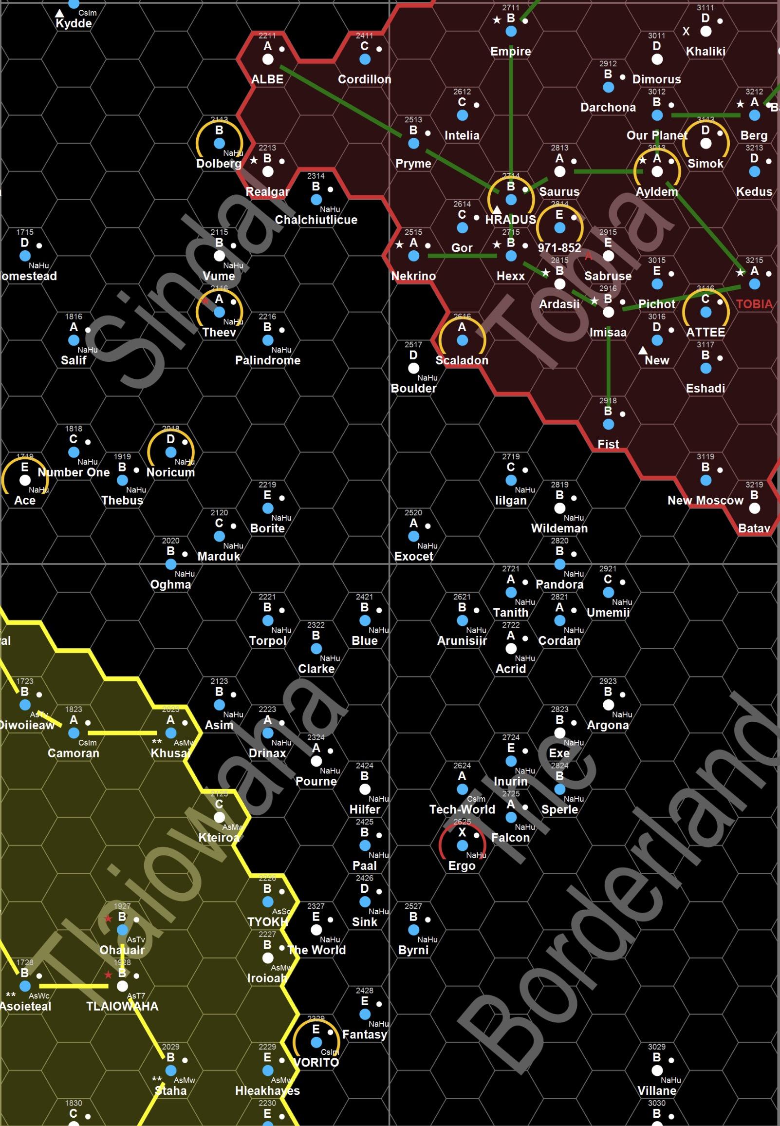 A section of the Borderland from the Traveller Map. It shows a cluster of star systems including the Wildeman system that stand outside regions of space identified as a faction.
