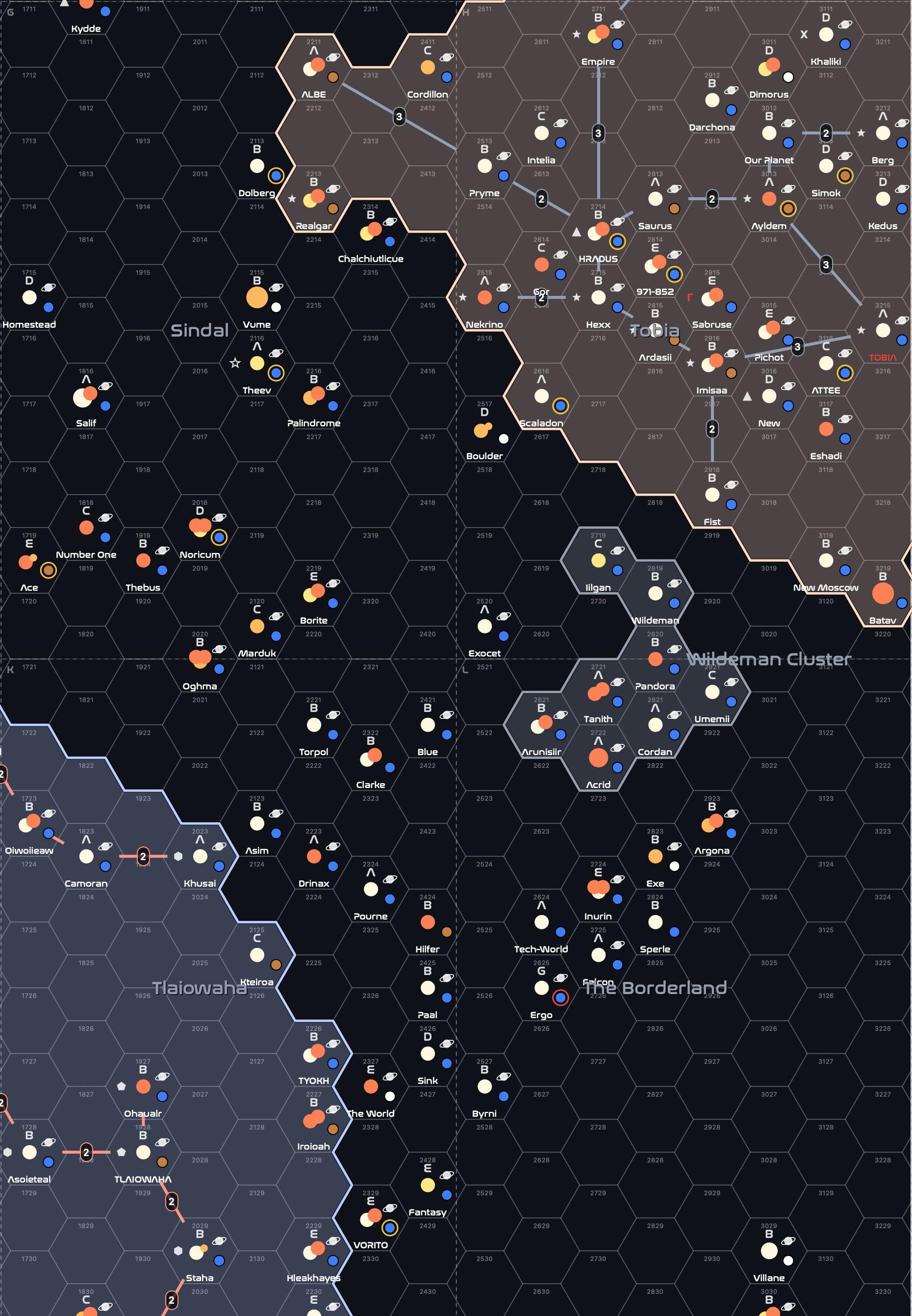 The same section of the Borderland from the Traveller Map but imported into the Star System app. It shows the cluster of star systems including the Wildeman system that is inside a region identified as a the Wildeman Cluster, as described in The Borderland book for Traveller.