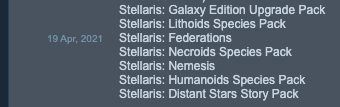 A purchase record for Stellaris and several DLCs, dated 19 Apr, 2021.