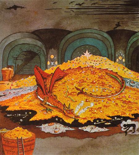 JRR Tolkien's painting of Smaug sitting atop his pile of gold in Erebor, much like me on my coveted pile of physical media, with invisible shadow Bilbo Baggins bowing at one end.
