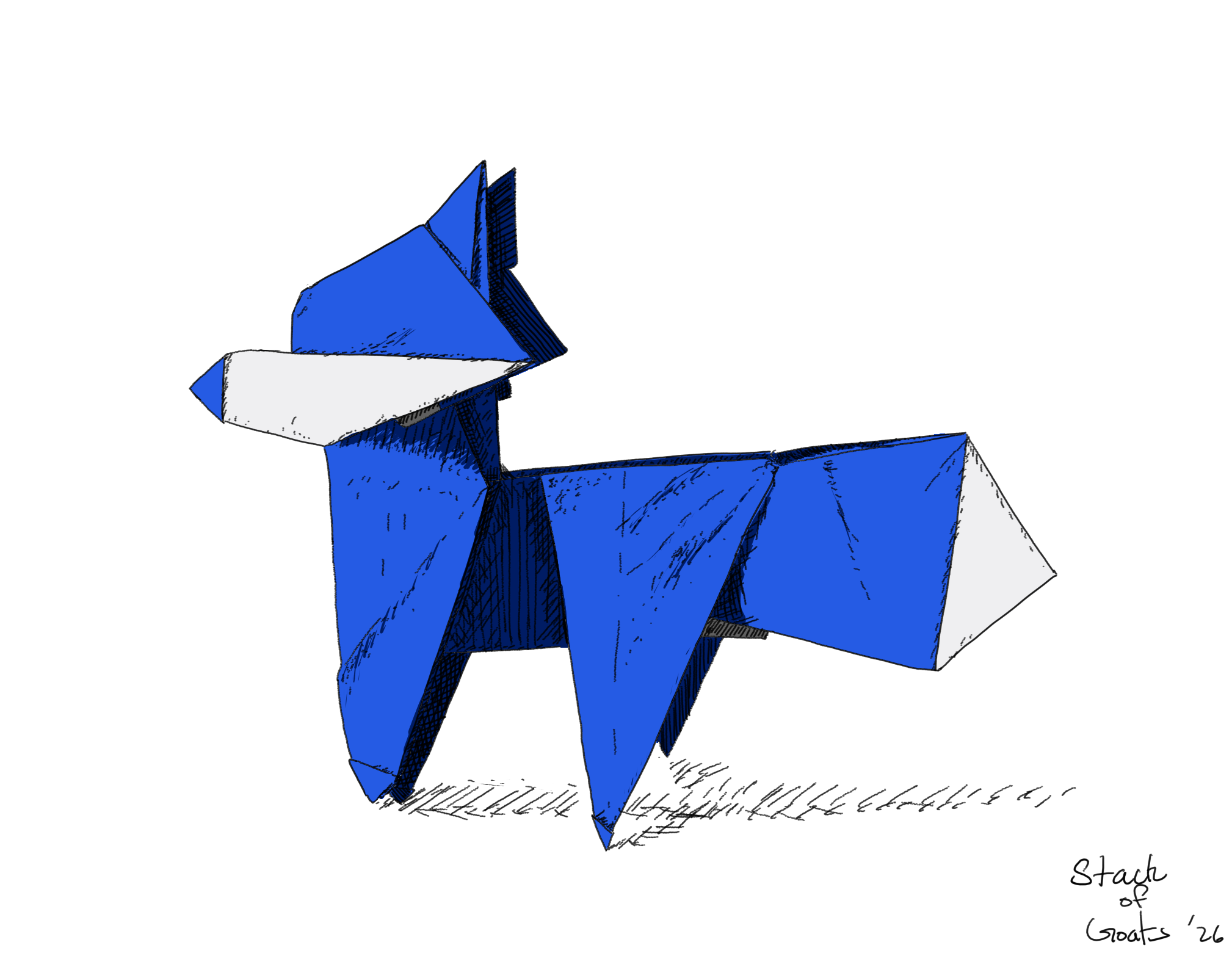 Drawn blue origami fox