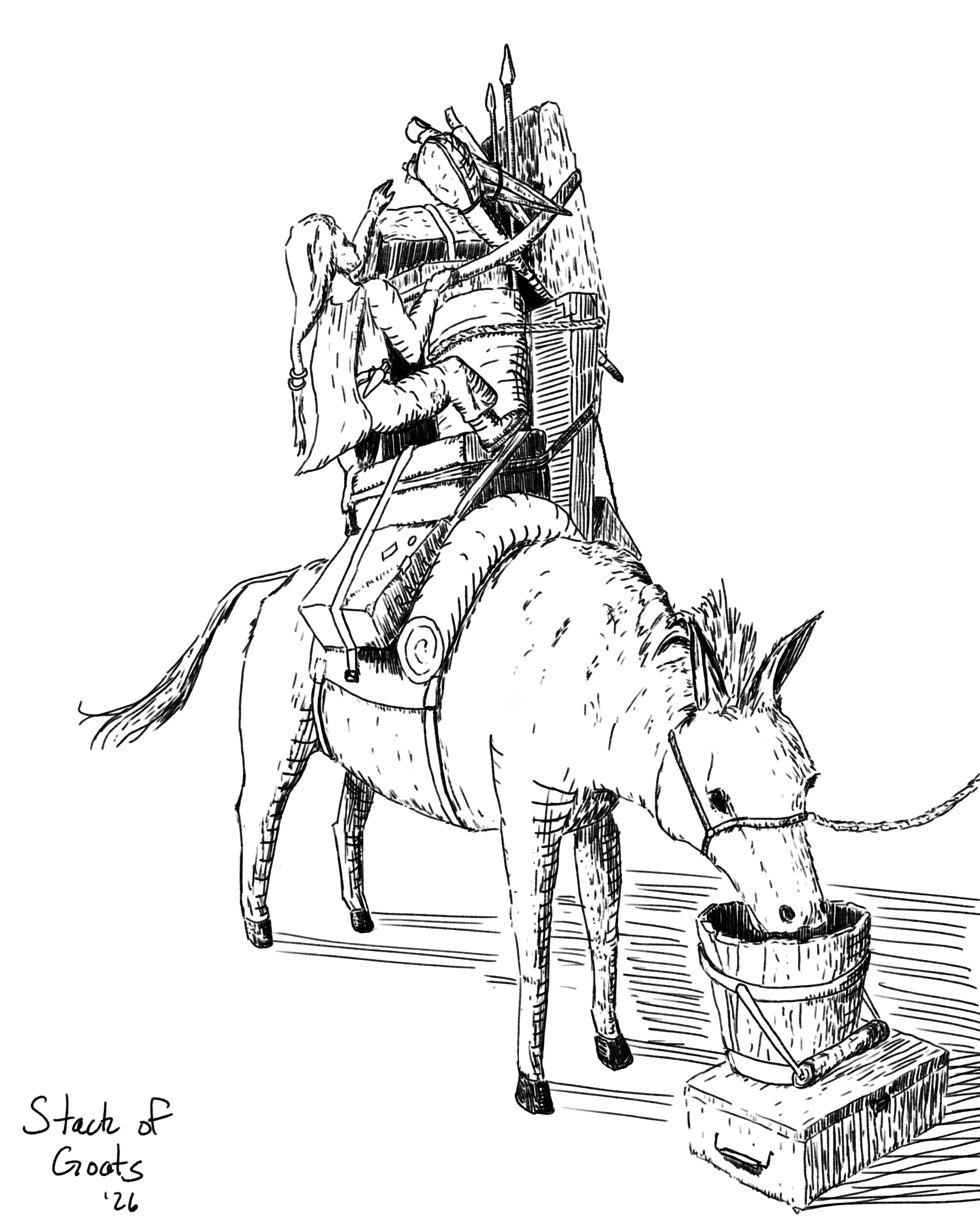 Illustration of person climbing a precarious stack of stuff atop a mule eating out of a bucket