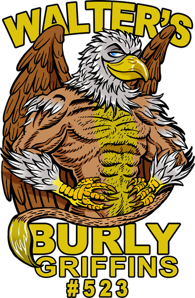 The logo for Walter’s Burly Griffins (Gongfarmers Local 523): a well-muscled, humanoid griffin poses with hands on hips, smiling at the viewer.