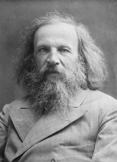 A black-and-white photo portrait of Dmitri Mendeleev, the inventor of the periodic table of elements.

(VIII-IB-VIB-VIIB-0)