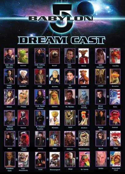 A table showing pictures of Babylon 5 characters and their suggested (and occasionally misspelled) Muppet counterparts, entitled “Babylon 5 Dream Cast”:

Captain John Sheridan is Kermit the Frog.
Commander Jeffrey Sinclair is Rowlf the Dog.
Zack Allan is Rizzo the Rat.
Lyta Alexander is Camilla the Chicken.
Londo Mollari is Waldorf.
G’kar is Statler.
Vir Cotto is Fozzie Bear.
Lennier is Scooter.
Delenn is Miss Piggy.
Commander Susan Ivanova is Janice.
Mr Morden is Uncle Deadly.
Alfred Bester is…