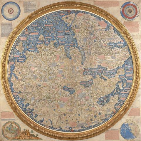 The Fra Mauro Map of circa 1450 CE, a circular map showing the (then) known world girt by a vivid blue sea. Northern Europe and Asia are shown at the map’s bottom, and Africa in the top right. To the map’s top left is a circular inset of the (geocentric) solar system, and to the top right a circular diagram of the four Platonic elements. A circular image of the Garden of Eden lies to the map’s bottom left, and to the bottom right, the Earth rendered as a globe, showing the Poles, the Equator an…