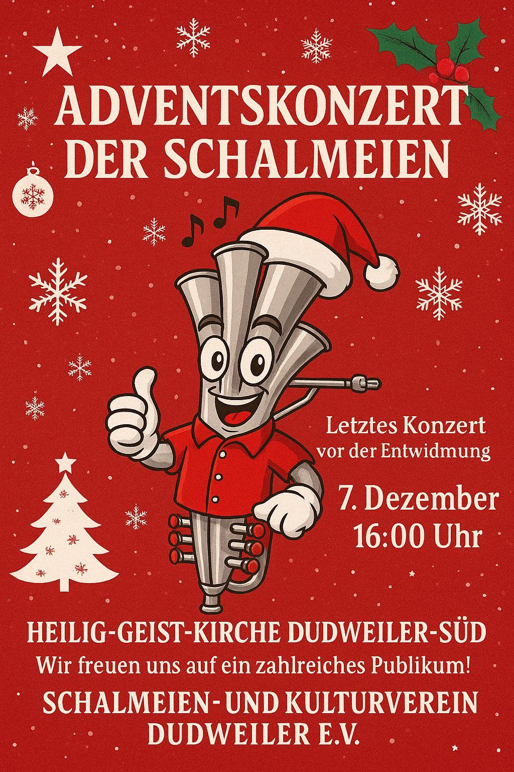 Adventskonzert der Schalmeien Letztes Konzert vor der Entwidmung 7. Dezember - 16:00 Uhr Heilig-Geist-Kirche Dudweiler-Süd Wir freuen uns auf ein zahlreiches Publikum! Schalmeien- und Kulturverein Dudweiler e.V. 