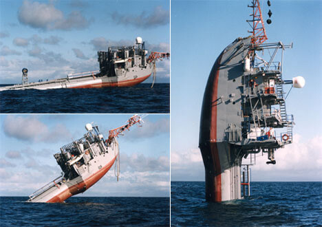 Three images of a ship flipping upright in the ocean. The back of the ship is the only thing sitting vertical in the water in the last image, with many platforms to deploy instruments on. Scripps Institution of Oceanography.