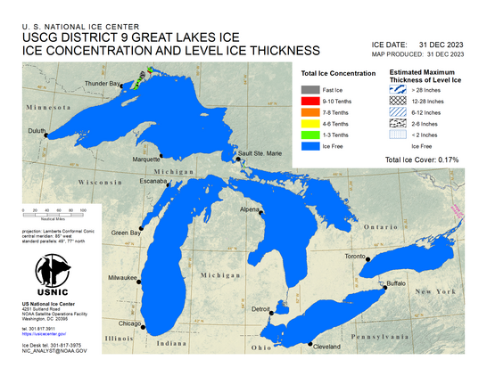 image/png a map of very limited ice cover for 31 Dec 2023 on the Great Lakes with coverage and maximum ice thickness. Ice is only forming so far in some northern bays of Lake Superior and in North Channel near Sault Ste. Marie. Map from US National Ice Center.