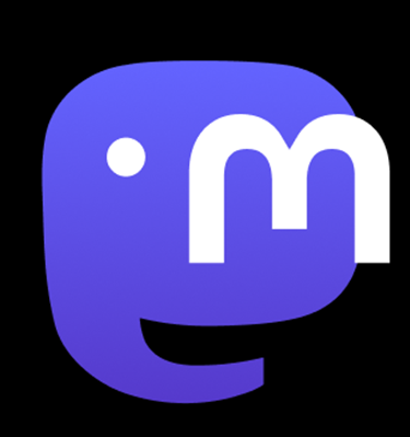 Blue mastodon logo of an elephant head shape with downward trunk. Has an eyespot and a curvy "M".
