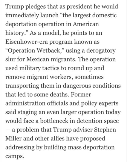 Screenshot text: Trump pledges that as president he would immediately launch "the largest domestic deportation operation in American history." As a model, he points to an Eisenhower-era program known as
"Operation Wetback," using a derogatory slur for Mexican migrants. The operation used military tactics to round up and remove migrant workers, sometimes transporting them in dangerous conditions that led to some deaths. Former
administration officials and policy experts said staging an even larg…