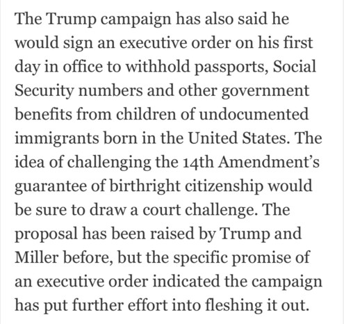 Screenshot text: The Trump campaign has also said he would sign an executive order on his first day in office to withhold passports, Social Security numbers and other government benefits from children of undocumented immigrants born in the United States. The idea of challenging the 14th Amendment's guarantee of birthright citizenship would be sure to draw a court challenge. The proposal has been raised by Trump and Miller before, but the specific promise of an executive order indicated the camp…