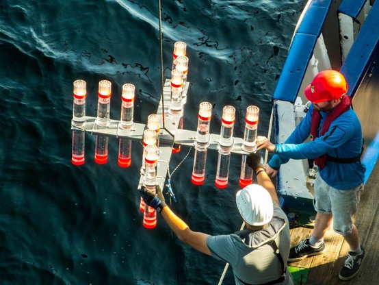 image/jpeg a series of vertical sediment trap tubes in a cross shape are deployed off the side of a ship by crew of the Meteor.
Photo Jon Roa, Geomar 

https://www.geomar.de/en/news/article/anpassung-an-sauerstoffmangel-zooplankton-beeinflusst-die-effizienz-der-biologischen-kohlenstoffpumpe-im-humboldtstrom-vor-peru