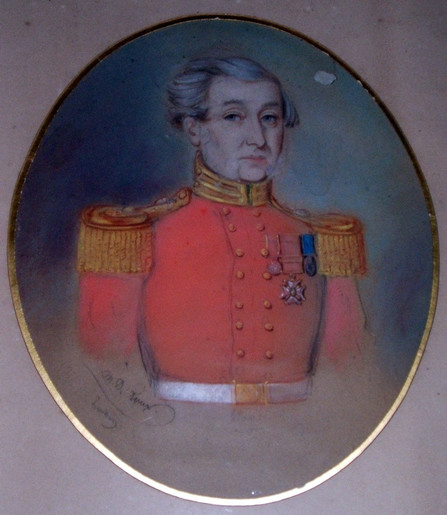 image/jpeg portrait of an older distinguished man in red British medical corps army uniform. 
Doctor John Vaughan Thompson painted by D. Roux, London, circa August 1835. Public Domain.