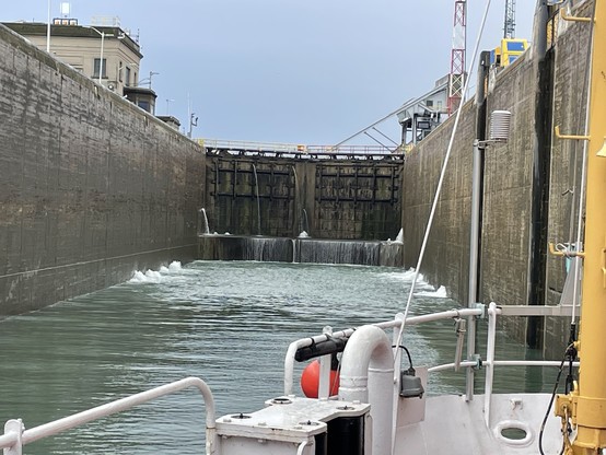 Photo from the bow of a ship, the canal doors are just beginning to open to fill the lock.
Photo from H Niblock, DFO.