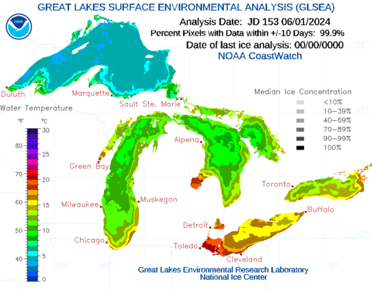 image/png a map of the Laurentian Great Lakes showing colors for water temperature colors. Lake Superior is blue and cold but the other lakes are green, yellow and red showing temperatures to near 20C.
Image from NOAA GLERL Coastwatch for June 1, 2024.