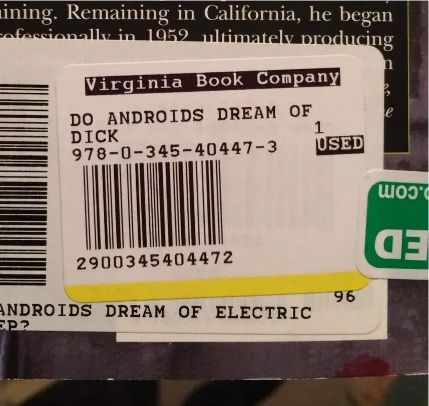Kirjan viivakoodi, jossa lukee : "Virginia Book Company - Do Androids Dream of Dick"