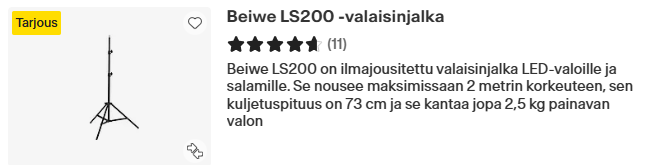 Valokuvan valaisinjalan myynti-ilmoitus, jossa on kerrottu, että "Beiwe LS200 on ilmajousitettu valaisinjalka LED-valoille ja salamille. Se nousee maksimissaan 2 metrin korkeuteen, sen kuljetuspituus on 73 cm ja se kantaa jopa 2,5 kg painavan valon."