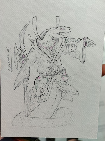 traditional pen drawing of a snake-like person (naga) in asian inspired clothing, doing a somewhat relaxed martial art pose while holding a halberd