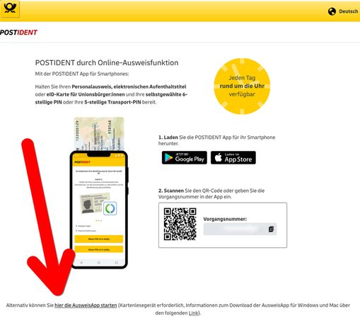 Bildschirmfoto der POSTIDENT Webseite, mit Aufruf zum 1. herunterladen der App und 2. Scannen des QR-Codes.
Ein rein editierter FETTER Pfeil in ROT Zeigt auf einen kleinen Link am unteren rand: "hier die AusweisApp starten".
Dieser Link öffnet direkt die AusweisApp des Bundes, die POSTIDENT App wird auf diese Art und weise nicht benötigt.