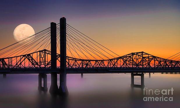 “Blue Moon in Louisville, Kentucky”... In the Summer of 2022, we waited late one evening for the super moon to appear over the Ohio River at Louisville, Kentucky. Just after sunset, there were remnants of deep pink and orange in the sky, and I took this long exposure shot of the beautiful skyline. The Abraham Lincoln Bridge is shown in the foreground. From the Fine Art Gallery of Shelia Hunt at Shelia-Hunt.pixels.com