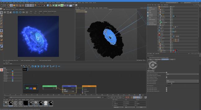 UI of Cinema 4D showing the wormhole scene and node editor