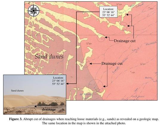 maps and photo - Abrupt cut of drainages when reaching loose materials (e.g., sands) as revealed on a geologic map; the same location in the map is shown in the attached photo