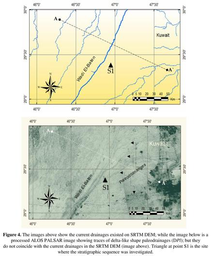 annotated image maps - The images above show the current drainages existed on SRTM DEM; while the image below is a processed ALOS PALSAR image showing traces of delta-like shape paleodrainages (DPl); but they do not coincide with the current drainages in the SRTM DEM (image above). Triangle at point S1 is the site where the stratigraphic sequence was investigated.