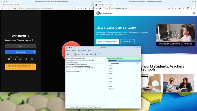 Screenshot of one of my monitors with Mumble connected to my server and two LibreWolf windows open, one has a Jitsi call join screen, the other has the Big Blue Button homepage.