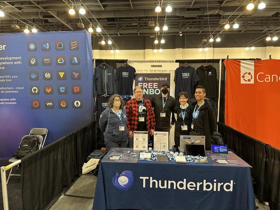 The Thunderbird booth at the Southern California Linux Expo, with five members of the Thunderbird team behind it.