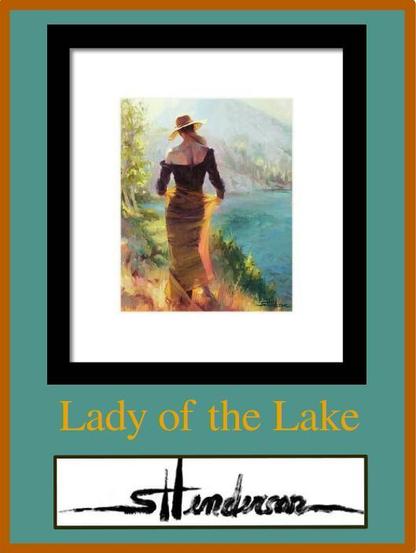 Framed print of an original oil painting depicting a young woman standing by an alpine lake.