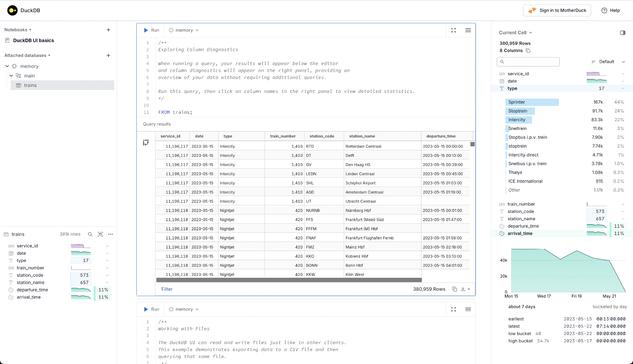 The image showcases the DuckDB UI in a web-based notebook environment. On the left panel, there’s a hierarchical menu displaying a notebook titled “DuckDB UI basics” along with attached databases named “memory”, “main”, and “trains” (which contains 38,000 rows).

In the central section, a query editor contains an SQL query:

```sql
FROM trains;
```

Below the editor, a Query results table is displayed, listing multiple rows with columns such as service_id, date, type, train_number, station_code, station_name, and departure_time. The values in the table include train details like Intercity and Nightjet train types, station codes (RTD, DT, GV, etc.), and timestamps for departures.

On the right panel, a Column Diagnostics section provides visual insights into the dataset, including bar charts showing the distribution of train types (Sprinter, Intercity, Nightjet, etc.) and other fields. A line chart at the bottom right visualizes trends over time, indicating data distribution for the departure_time column.

The top-right corner features a “Sign in to MotherDuck” button, suggesting that the interface integrates with the cloud-based DuckDB service.