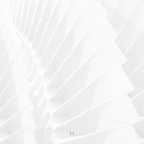 This is a close-up, abstract photograph depicting a series of angled, geometric blades or fins arranged in a repeating pattern. The image is rendered in a monochromatic palette of white and light gray, illuminated by bright, diffused lighting that creates soft shadows and highlights the forms. The composition emphasizes the interplay of lines, shapes, and repetition, resulting in a minimalist and visually compelling image.