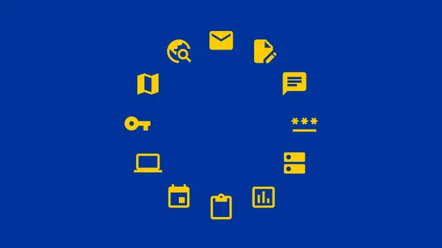 The EU flag, but the stars have been replaced with icons of various technologies (for example an email icon, messenger icon, etc.)