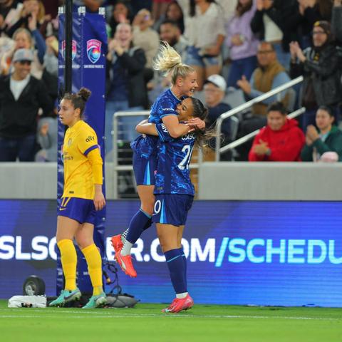 Adriana Leon celebrating her goal with Delphine Cascarino of the San Diego Wave.