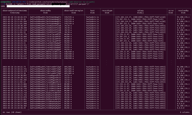 screenshot of a console with a duckdb command that is selecting data from multiple parquet files in an s3 bucket across multiple folders.

the resulting table has many rows with a timestamp, unique client ID, region, host it was querying, and the results provided by the DNS server that was queried.