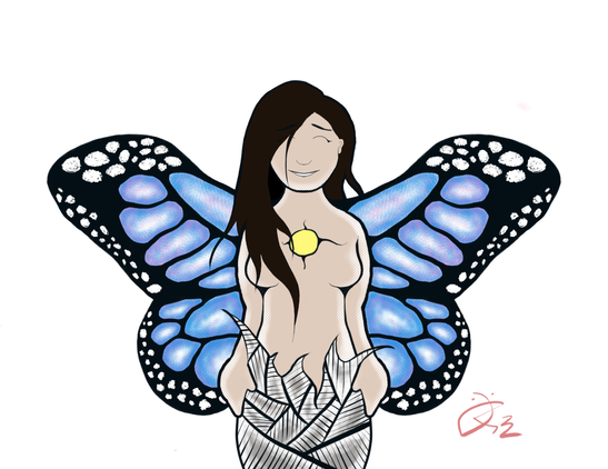 Digital art by Danilynn Jiibay (2022). Depiction of a smiling indigenous woman coming out of a cocoon and with butterfly wings cpntaining blue and pink colors. A sun also appears on her bare chest.