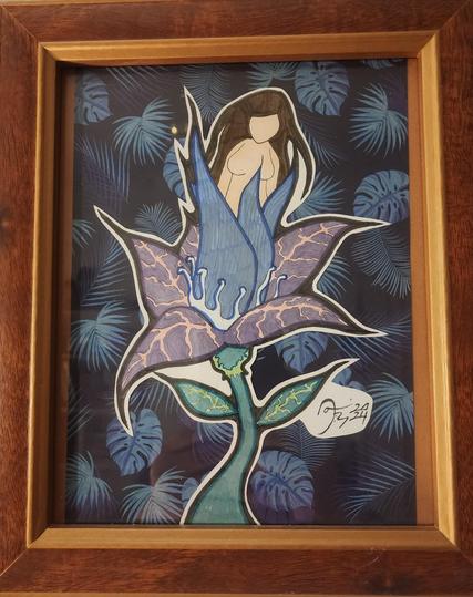 Mixed media art by Danilynn Jiibay (2024). Depiction of bare-breasted indigenous with long hair sprouting from a blue and purple plant. Background is dark blue with plant leaves scattered about.