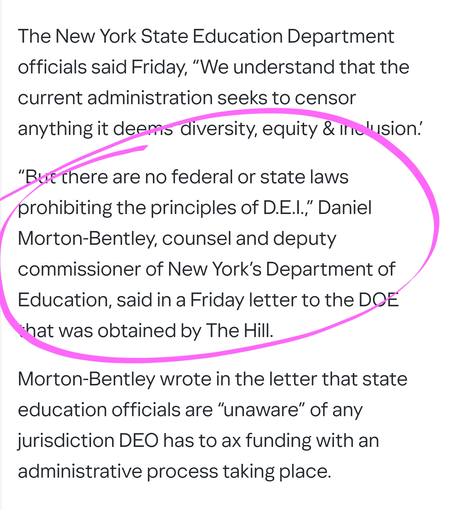New York state education officials rejected President Trump’s administration’s demand to do away with certain diversity, equity and inclusion (DEI) efforts, rebuking the Department of Education (DOE) amid threats of pulling funding over those efforts.

The New York State Education Department officials said Friday, “We understand that the current administration seeks to censor anything it deems ‘diversity, equity & inclusion.’

“But there are no federal or state laws prohibiting the principles of D.E.I.,” Daniel Morton-Bentley, counsel and deputy commissioner of New York’s Department of Education, said in a Friday letter to the DOE that was obtained by The Hill.

Morton-Bentley wrote in the letter that state education officials are “unaware” of any jurisdiction DEO has to ax funding with an administrative process taking place.