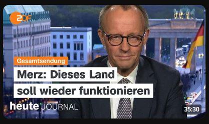 ZDF Thumbnail with Chancellor Merz, Brandenburger Tor and a German flag and the caption "Merz: Diese Land soll wieder funktionieren"