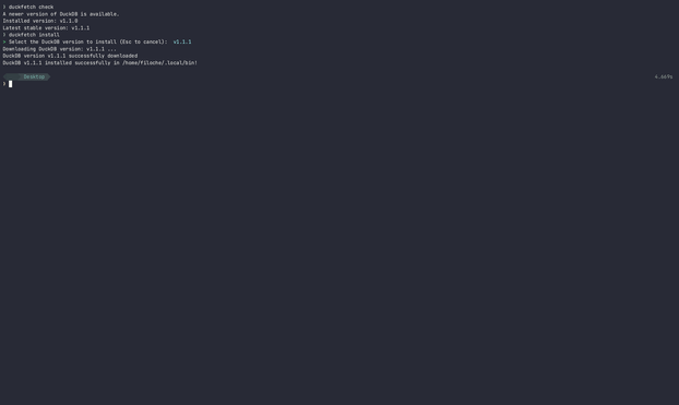 A terminal recording showing duckfecth cli installing different version of DuckDB.