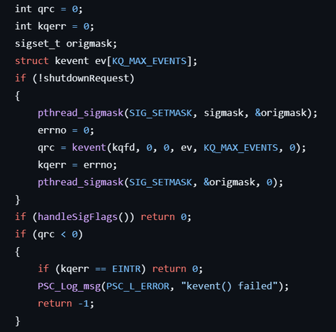 kqueue client code, manually relaxing the signal mask for just the single kevent() call waiting for new events.
