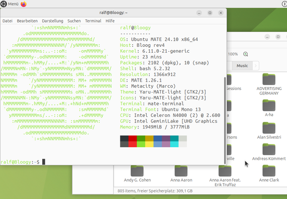 Screenshot eines Ubuntu-MATE-Desktops mit geöffnetem Terminal, das mittels Neofetch Informationen über das System (Ubuntu MATE 24.10, Kernel 6.11, Intel Celeron) anzeigt. Außerdem ist ein Dateimanager-Fenster mit verschiedenen Ordnern in einer grünen Desktop-Umgebung sichtbar